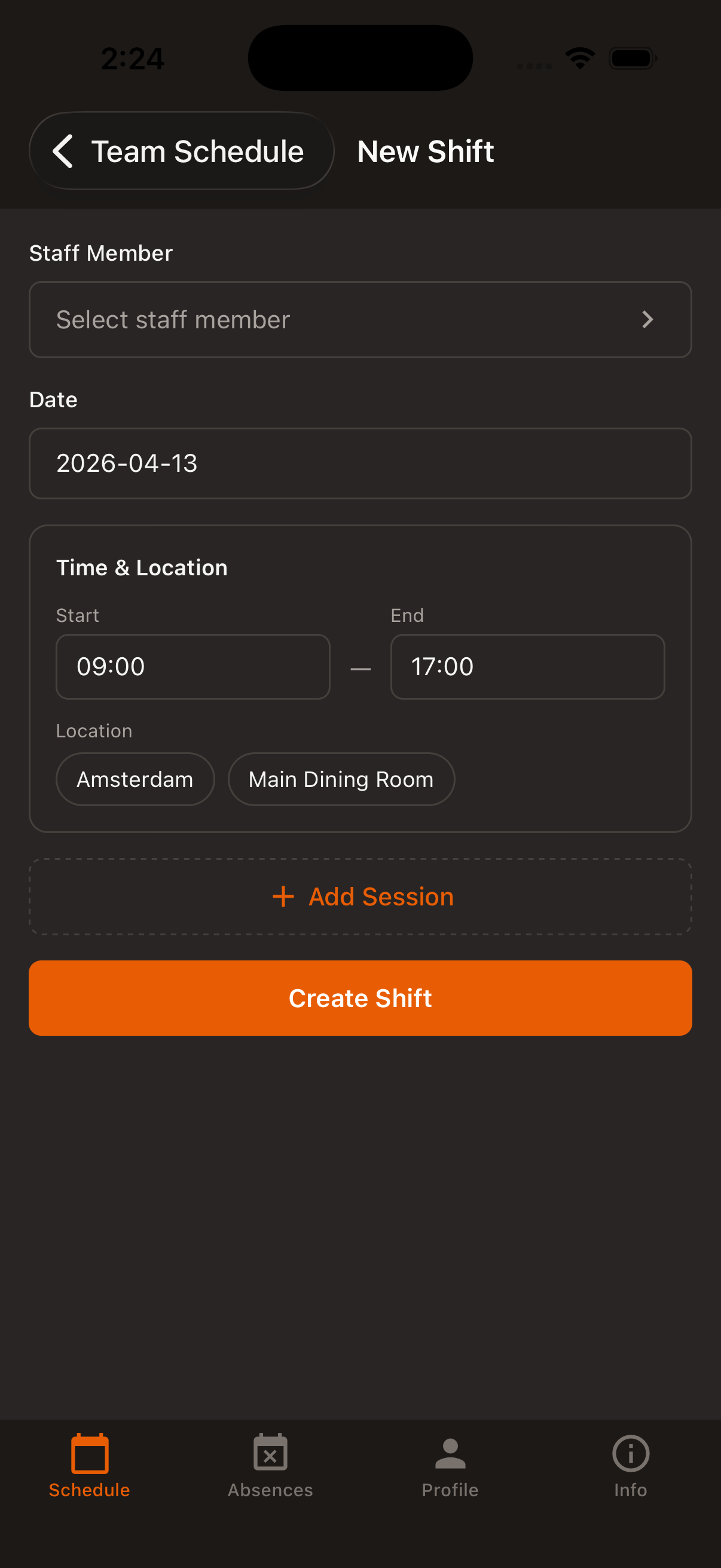 New shift form