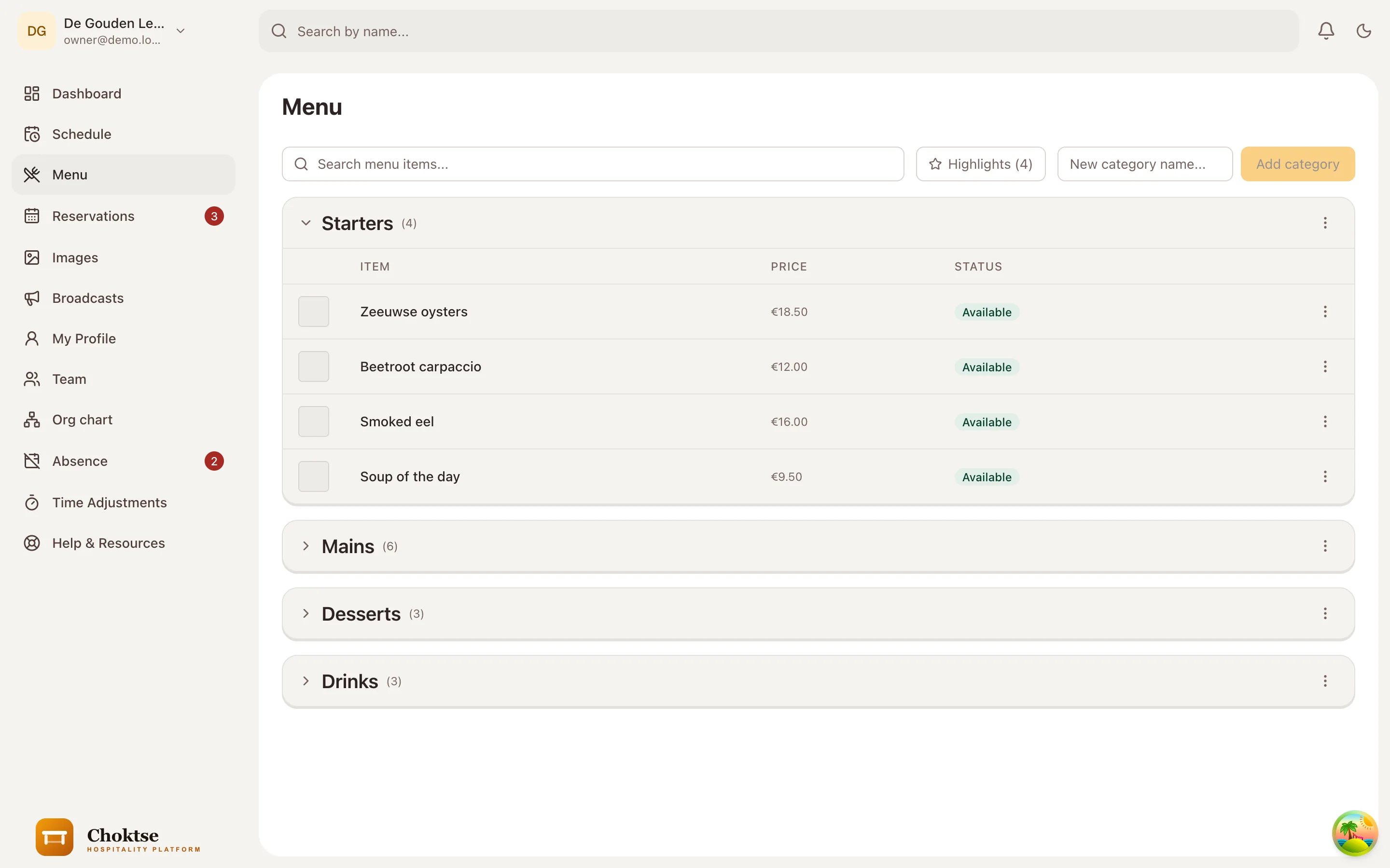 Menu management