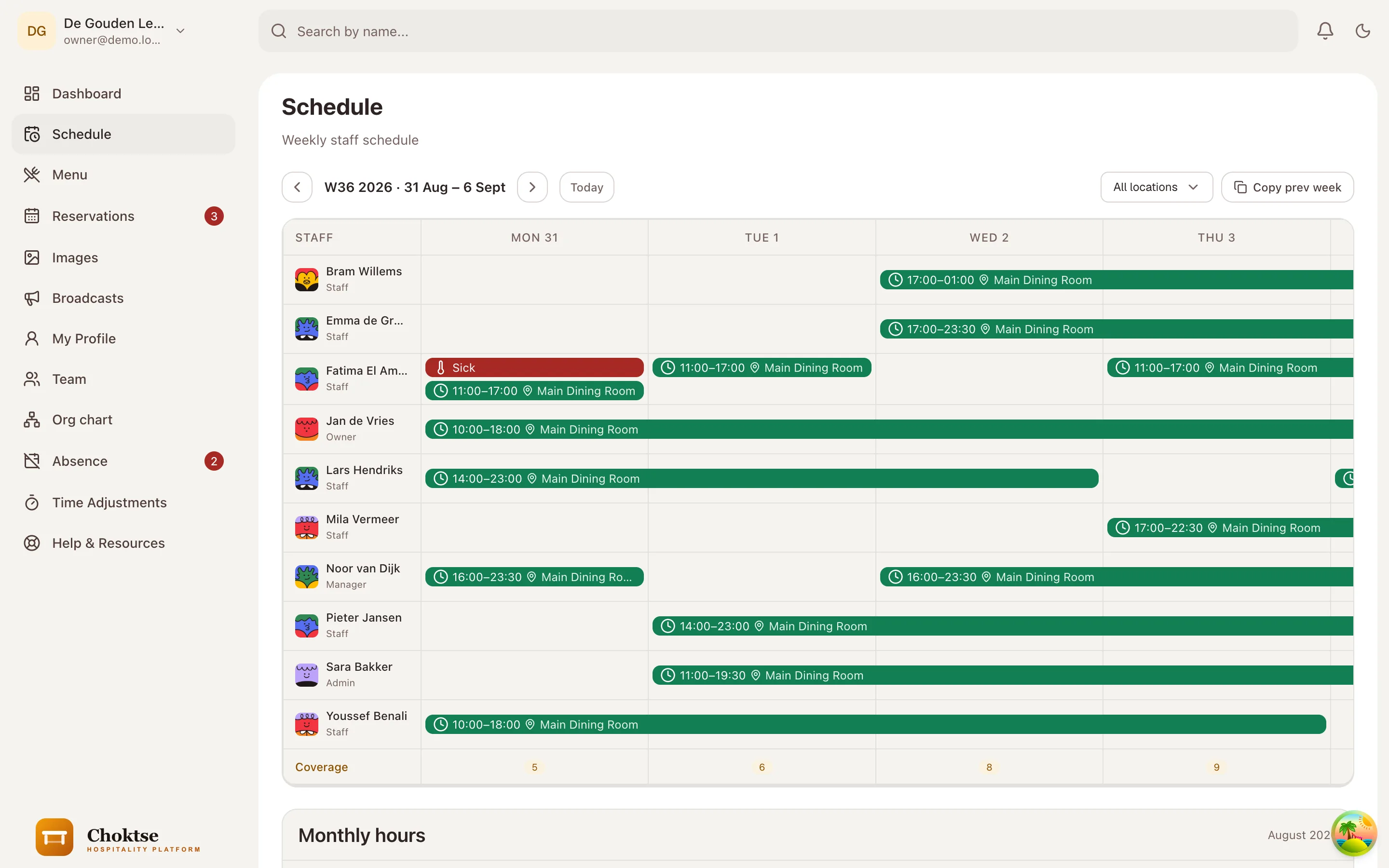 Weekly schedule in the Choktse backoffice