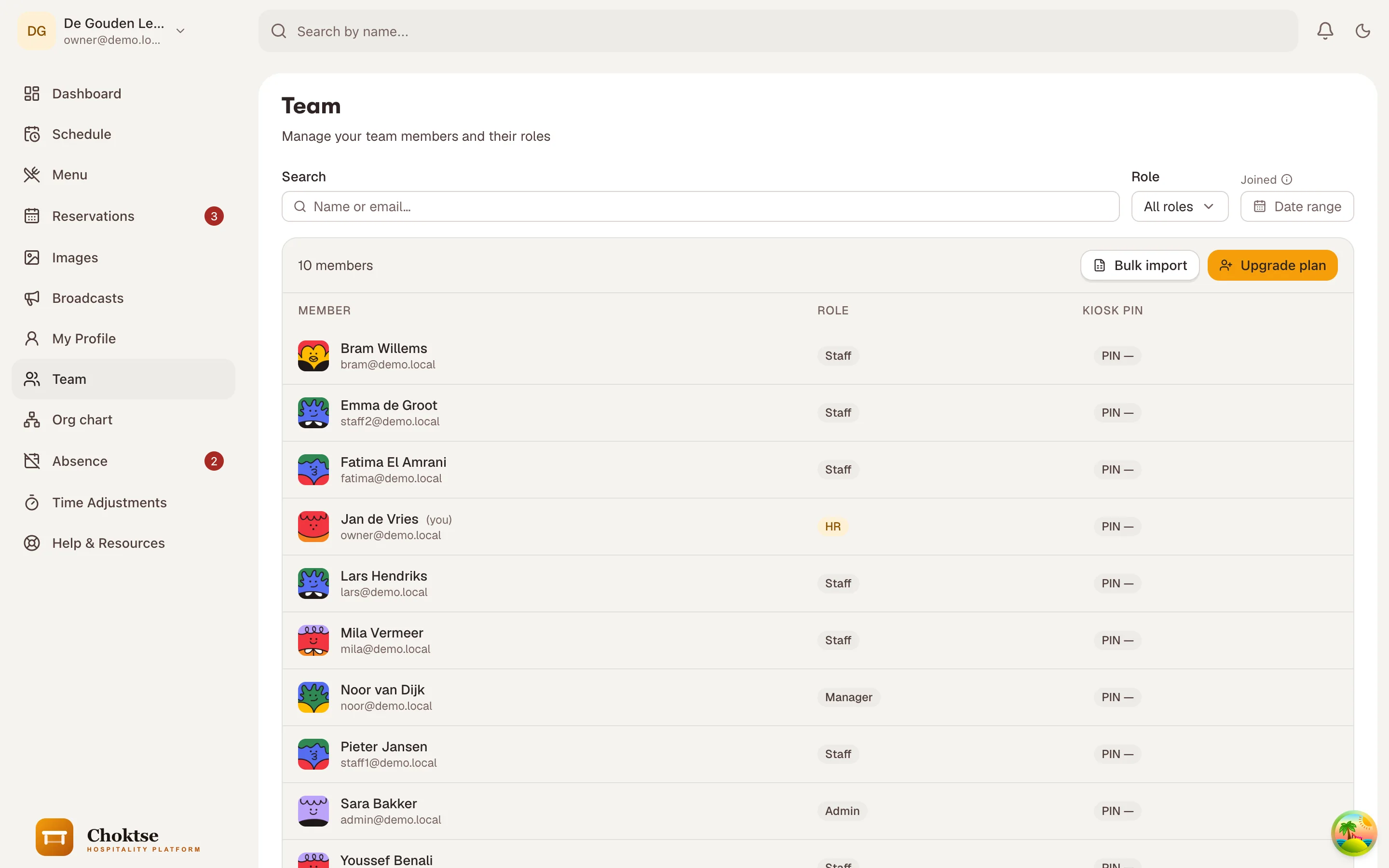 Team list with roles